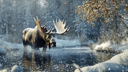 A charming scene of a moose wading through a snow-covered forest, its large antlers adorned with frost as it searches for food.