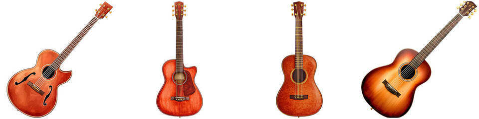 Obraz premium 2024 Grammy Concept, Four acoustic guitars displayed side by side, showcasing their distinct shapes, colors, and finishes.
