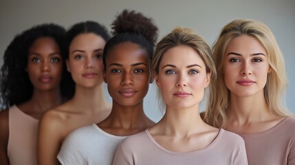 Obraz premium A diverse group of women standing in a line, celebrating International Women's Day with warm lighting and a minimalistic background