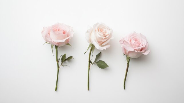 A minimalist composition of delicate pink roses on a clean white background, close-up shot, Modern style
