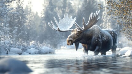 A charming scene of a moose wading through a snow-covered forest, its large antlers adorned with frost as it searches for food.