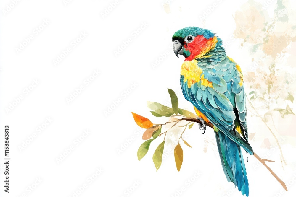 Aufkleber bright parrot illustrated perched on a branch with vibrant colors and space for text. generative ai