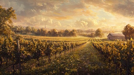 Fototapeta premium Serene vineyard sunrise landscape with mist, rows of vines, and a distant village.