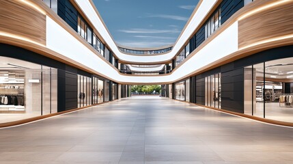 Obraz premium A modern, spacious shopping mall interior with sleek architecture and natural light illuminating the open walkway.