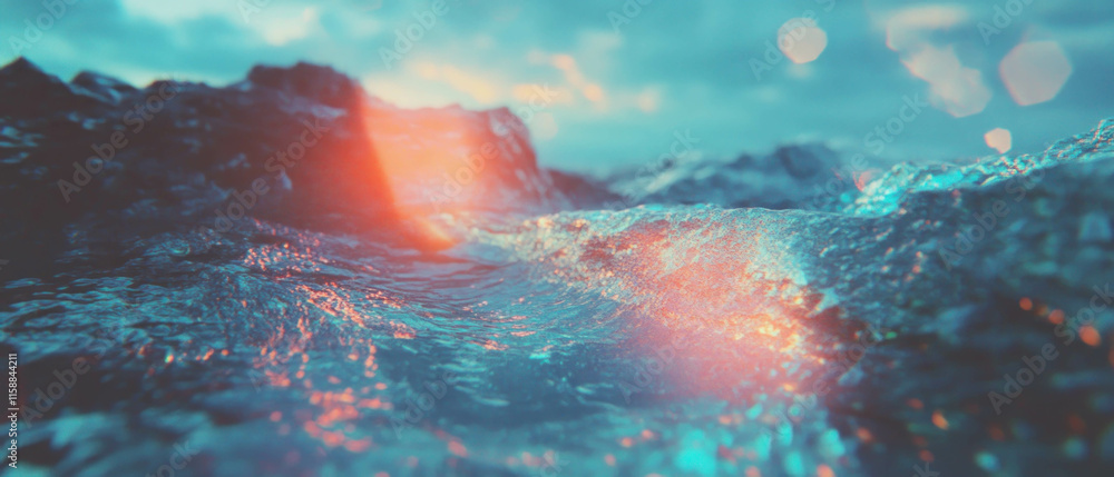 Poster vibrant sun rays texture overlay in a dynamic and serene coastal landscape