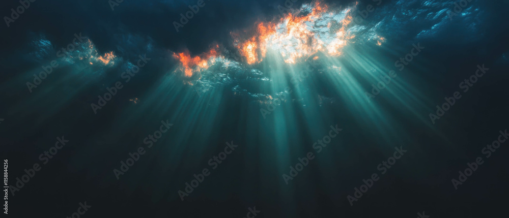 Aufkleber Background overlay featuring sun rays piercing through clouds in a dramatic display