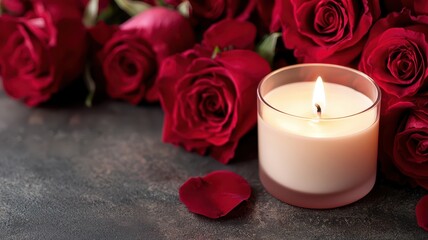 Glowing cosmetic candle with rose background. Valentine's beauty product.