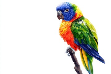 Naklejka premium Bright parrot perched on a branch with vibrant colors and space for text. Generative AI
