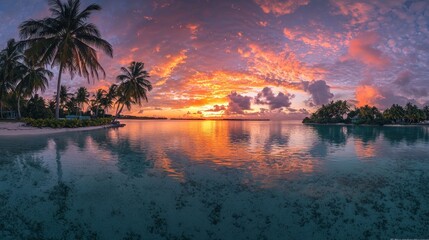Vibrant sunset over tropical island, reflecting in calm ocean water.