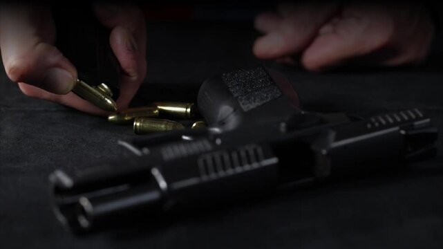 Unloading of semi automatic compact pistol magazine caliber 9 luger of czech production