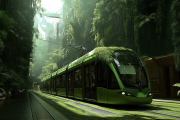 Electric tram glides through a lush, green city center during daylight. Generative AI