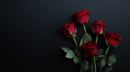 Obraz premium A minimalist composition of red roses on a sleek black background, close-up shot, Contemporary style