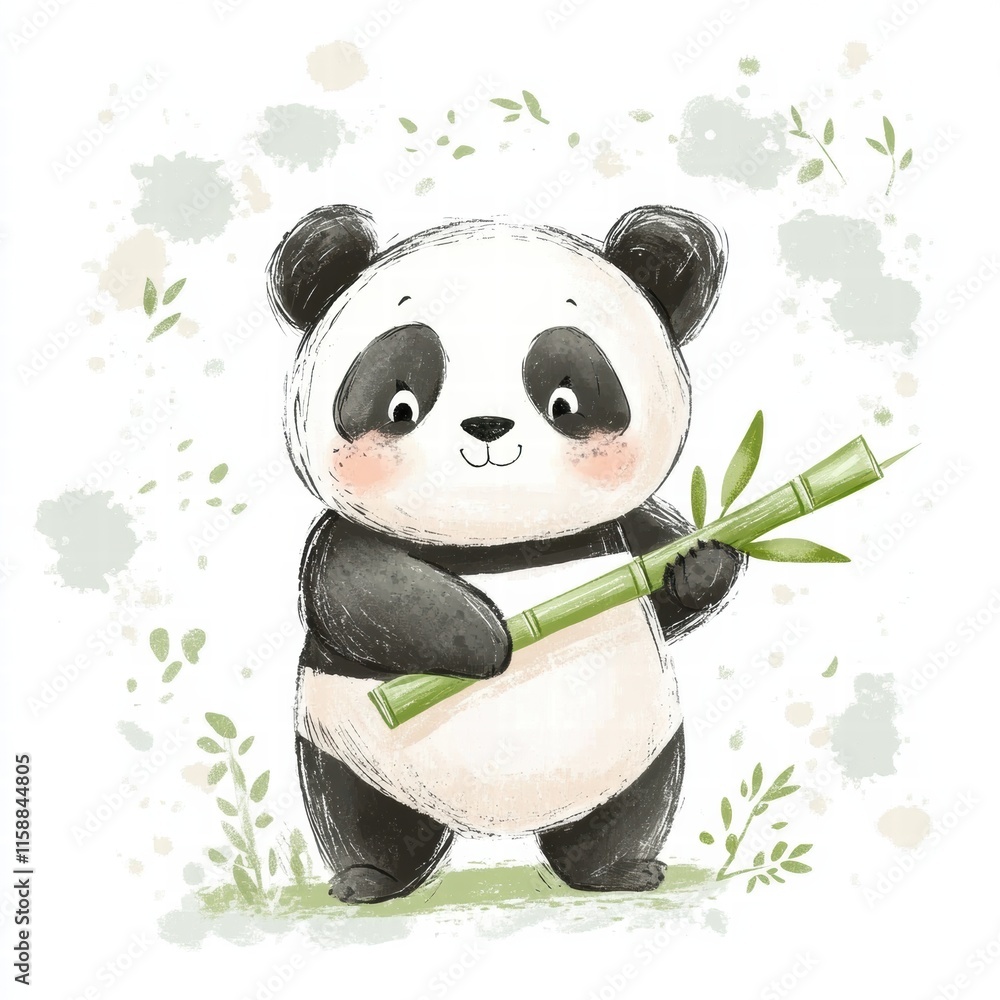 Poster cute panda holding bamboo with ample space for text in a playful and charming setting. generative ai