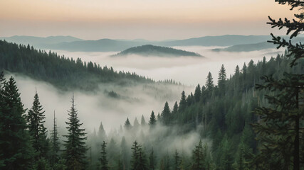 Obraz premium Timeless Tranquility A Mist-Shrouded Fir Forest with Faded Textures and Soft Amber Sky for a Retro Vibe