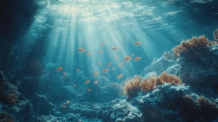 Fototapeta premium Sunbeams illuminate vibrant coral reef and fish. (3)