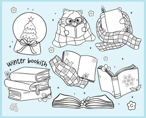 Naklejka premium Groovy Retro Winter Bookish reading book Coloring Image Element Illustration Doodle Clipart Set