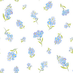 Vector illustration. Seamless floral patterns in blue tones, forget-me-not flowers. Flowers, summer, vacation, fabric design, wrapping paper