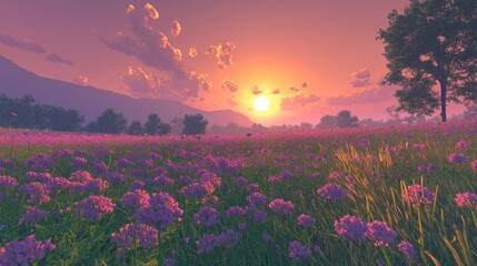Obraz premium Vibrant sunset over a vast purple flower field.