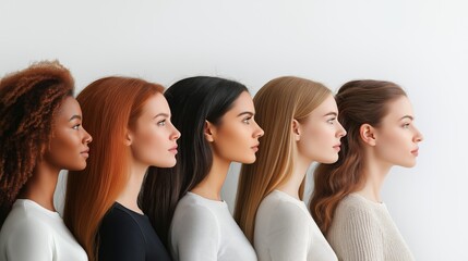 A diverse group of women of various ages and ethnicities stands in profile, showcasing professional attire against a bright, neutral background