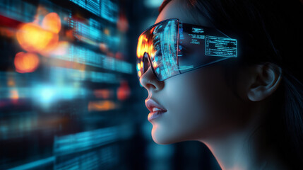 Person with futuristic glasses and computer lights and holograms in the background.