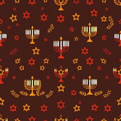 Festive Hanukkah Pattern: A repeating design featuring menorahs, stars of David, and olive branches on a rich brown background.
