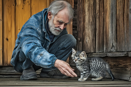 Elderly man interacting joyfully with a playful kitten on rustic wooden floor. Generative AI - Powered by Adobe