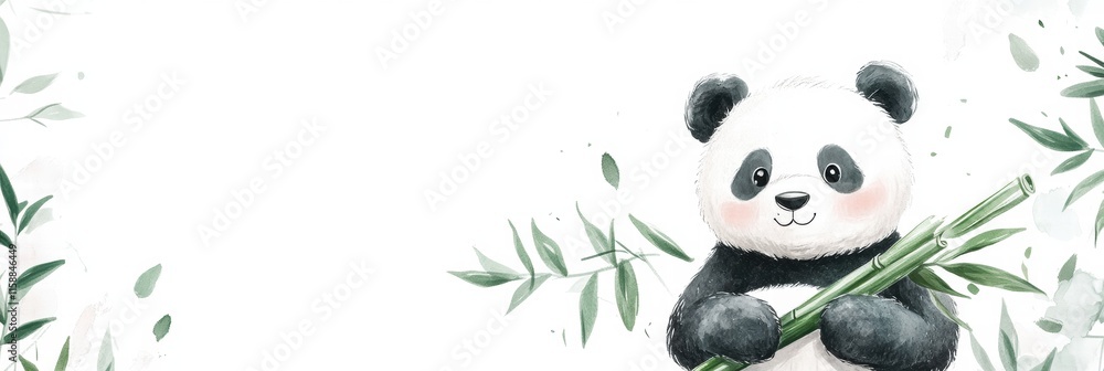 Fototapete cute panda holding bamboo in a serene setting with ample space for creative text placement. generati