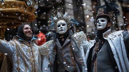 A diverse group of people in unique Mardi Gras costumes and Venetian masks, celebrating amid festive floats and confetti