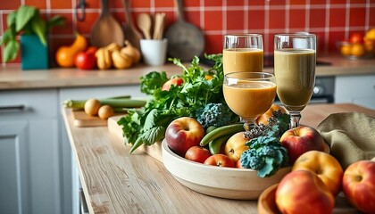 A vibrant kitchen scene featuring fresh fruits, vegetables, and green leafy produce in a bowl, accompanied by glasses of healthy juice on a wooden countertop with a warm, rustic background.