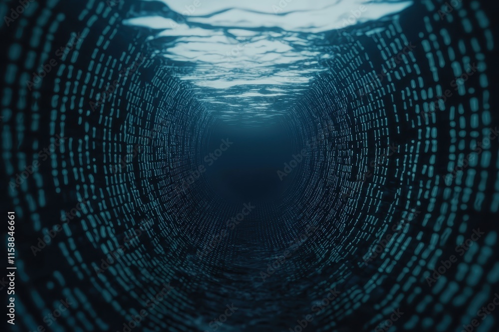 Poster underwater cyberpunk tunnel digital code deep ocean futuristic background