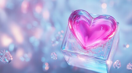 Obraz premium Glowing neon pink heart in a glass cube amidst swirling holographic circuits in a cyberpunk world