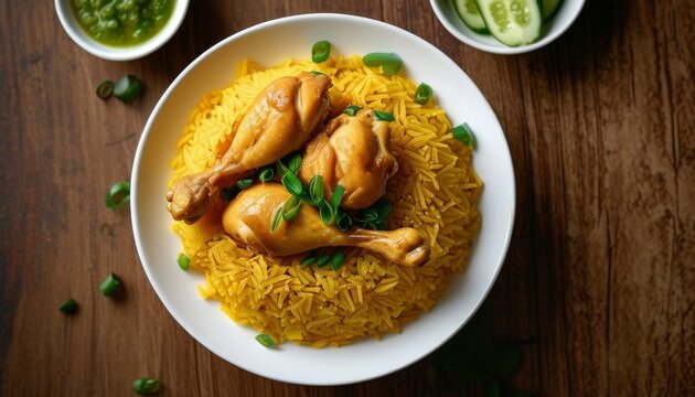 Khao Mok Gai Thai Chicken on Yellow Rice with Fresh Herbs and Spicy Sauce