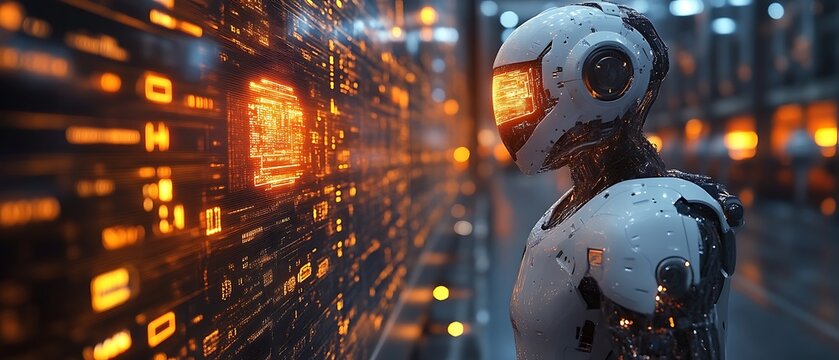 Futuristic robot reviewing digital data stream.