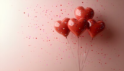 heart shaped balloons with confetti on light pink background for Valentine's Day design. pink and red heart shaped balloons isolated on simple blank background with confetti all around