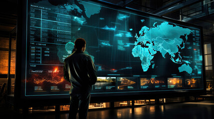 generated illustration of man in a dark suit stands in front of a large video wall displaying a world map.