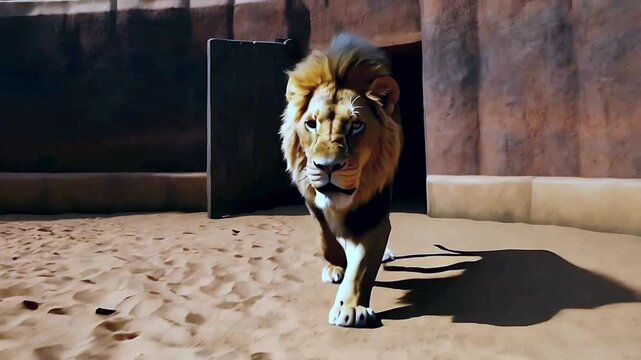 a majestic lion walking out from its cage