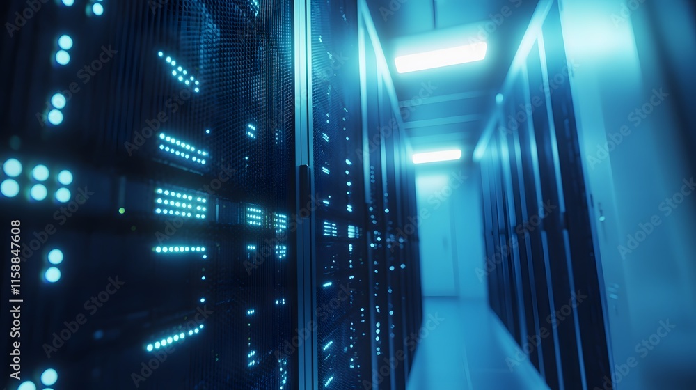 Poster illuminated server racks line a modern data center corridor