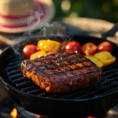 Grilled Steak Cut, Rare to Medium Rare, on Black Grill Top near Charcoal Fire and Produce, for Outdoor Dining and Barbecue Recipes