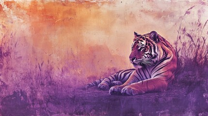 A Bengal tiger lounging under a twilight sky, painted in oil on a vintage grunge paper canvas with soft purple and orange hues, evoking calmness.