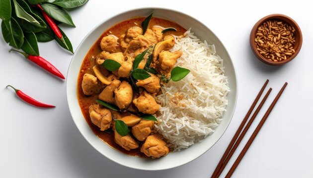 Delicious Thai Khao Mok Gai Chicken Birya with Rice, Peppers, and Fresh Herbs on White Background