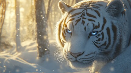 Naklejka premium A close-up of a white tiger's face, its icy blue eyes contrasting with the warmth of the soft winter sunlight, set against a snowy forest clearing