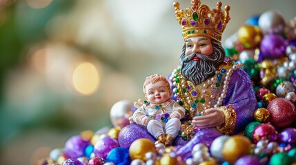 Obraz premium Close-up of miniature king and baby figurines surrounded by colorful beads and amulets, set in a festive table with masks and confetti
