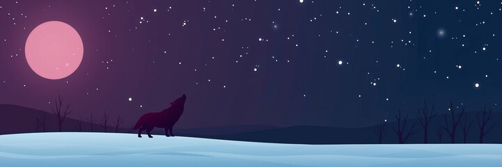 Obraz premium Minimalistic illustration of a wolf howling at a large moon in a starry night sky 