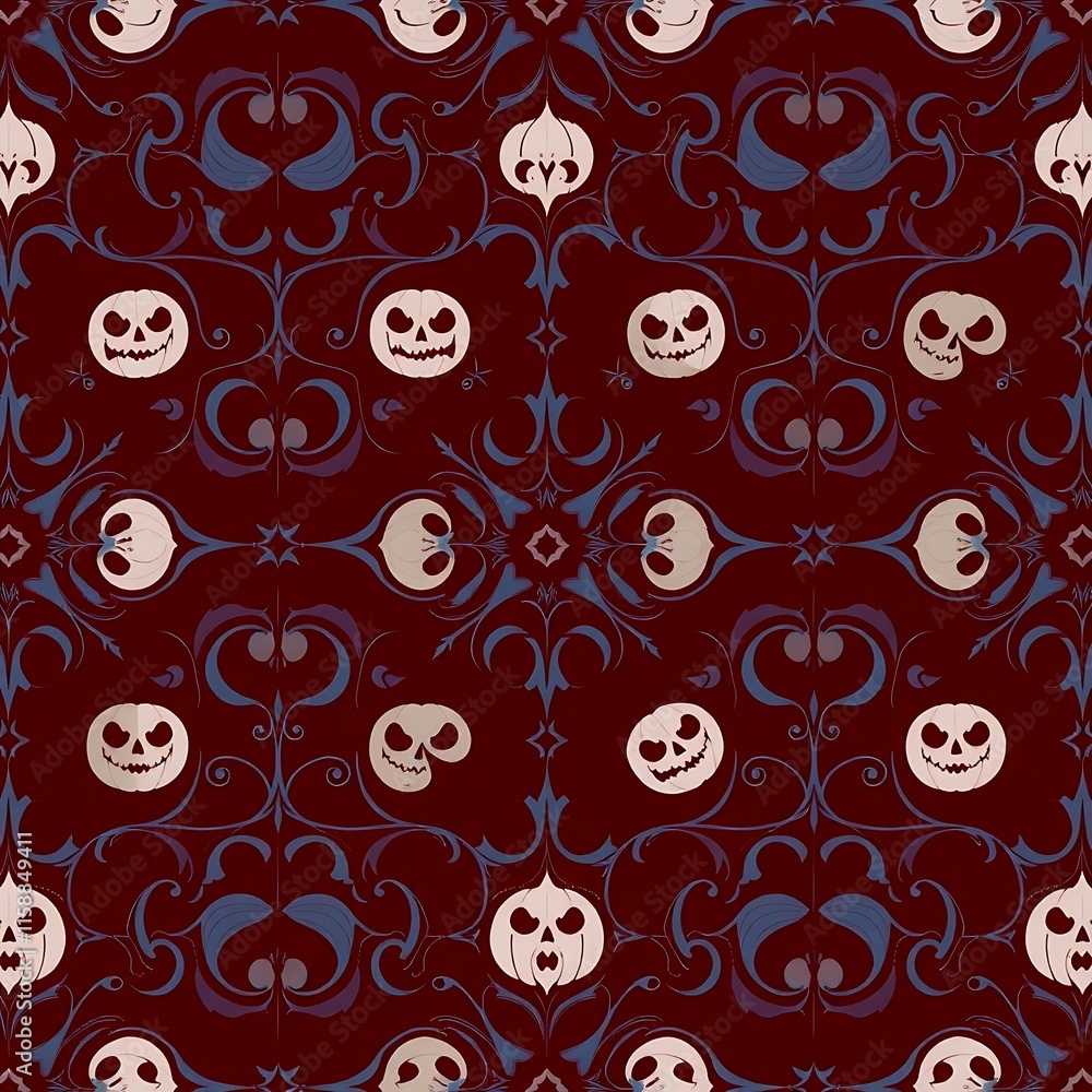Poster spooky pumpkin damask pattern: a haunting and elegant halloween pattern with intricate swirls and pu