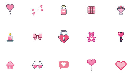 Pixel 8Bit Valentine Game Icons Pack for Romantic Love-Themed Gaming, Heart Objects, Cupid Arrows, Love Potions, Chocolates, Roses, Teddy Bears, Gifts, Lock and Key, Perfect for Game UI or App Design