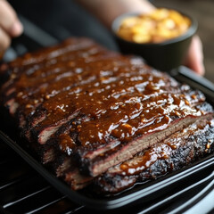 Barbequed Ribs, Barbecue Sauce, Indoor Grill or Smoker, Coleslaw Side Dish, Appetizing Food for Meal Preparation