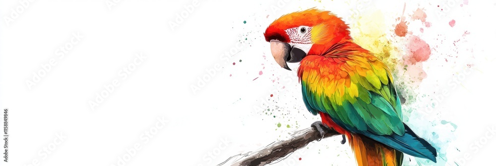 Aufkleber brightly colored parrot perched on a branch with vibrant plumage and ample space for text placement.