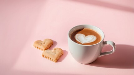 A mug of latte art with a heart next to a pile of heart-shaped cookies on a pink background. Ideal for Valentine's Day, romantic food, and cozy bakery promotions.