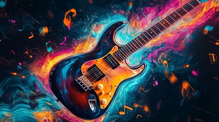 Naklejka premium Electric Guitar Abstract Art Colorful Musical Vibes Fiery Background Vibrant Melody Artistic Energy Music Visual