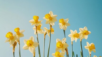 Fototapeta premium A serene arrangement of yellow daffodils against a clear blue sky, aerial shot, Naturalistic style
